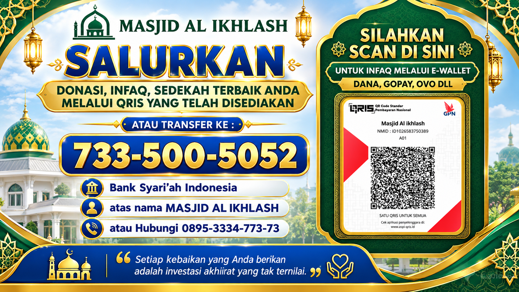Banner Salurkan Donasi & QRIS Masjid Al Ikhlash